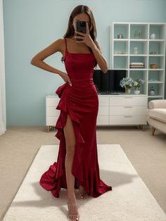 Satin Ruffle Dress, Burgundy Evening Dress, Evening Dress Collection, Prom Dress Inspiration, Cute Prom Dresses, Pretty Prom Dresses, Dress 2024, Prom Dresses Online, Prom Outfits