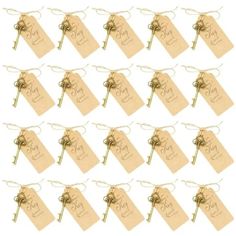 10 pairs of gold tone metal key tags with keys attached to each tag, set of 12