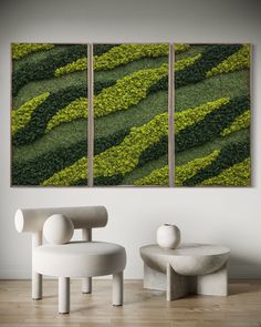 three panels of green grass in the middle of a room with white furniture and wooden flooring