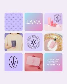 the logo for lava cosmetics is shown in purple and pinks, with images of different items