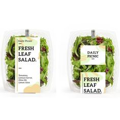 two plastic containers filled with fresh leafy salad next to each other on a white background