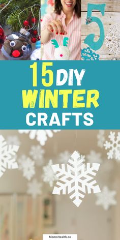 some snowflakes are hanging from the ceiling and there is text overlay that says 15 diy winter crafts