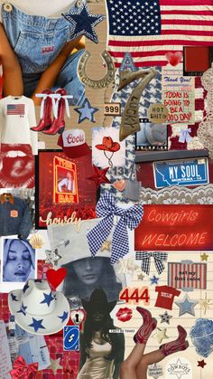 a collage of photos with american flags and stars on them, including an image of a woman's face