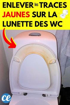 a toilet with the lid up and an ad above it that says, enlever les traces jaunes sur la luite des wc