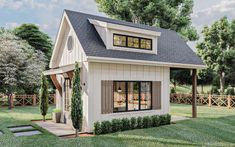 a small house with a covered porch and windows on the roof is shown in this artist's rendering