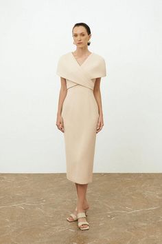 Renata Cape Sleeves Dress | MEAN BLVD Elegant Beige Midi Dress With Surplice Neckline, Elegant Beige Wrap Dress For Work, Elegant Workwear Dresses With Cape Sleeves, Elegant Formal Wrap Dress With Draped Sleeves, Elegant Bodycon Dress With Surplice Neckline For Evening, Elegant Evening Bodycon Dress With Surplice Neckline, Chic Fitted Wrap Dress With Draped Sleeves, Elegant Wrap Dress With Draped Sleeves, Chic Midi Dress With Cape Sleeves For Work