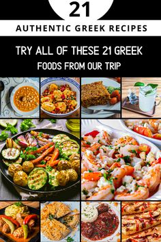 the cover of 21 authentic greek recipes, with pictures of different foods and dishes in them