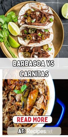 two plates with food on them and the words barbacoa vs carnitass