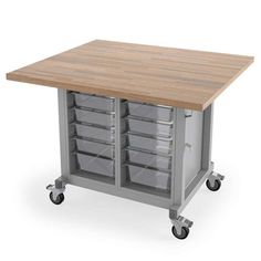 a kitchen island with drawers on wheels