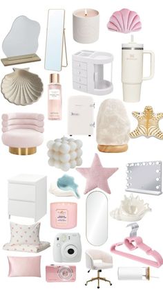 a collage of pink and white items including soap, lipstick, mirror, hairbrushes