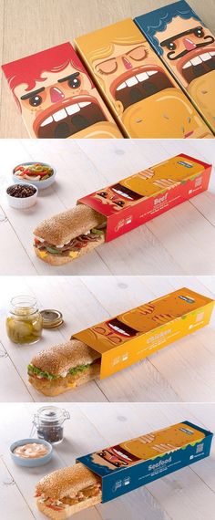 three different boxes with sandwiches in them on the floor