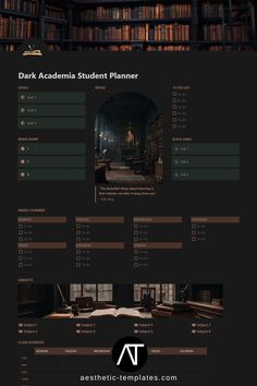 Dark Academia Student Planner Notion Aesthetic Notion Dark Theme, Notion Aesthetic Dark Academia, Dark Academia Student, Dark Academia Notion, Dark Academia Theme, Notion Themes, Notion Layout, Dark Academia Study