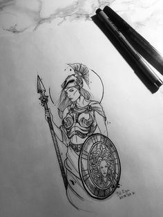 a pencil drawing of a woman holding a spear and shield on top of a piece of paper