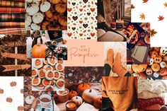 a collage with pumpkins, leaves and other things to make it look like fall