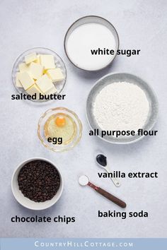 ingredients to make chocolate chip cookies laid out on a white surface with text overlay