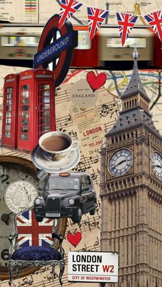 the collage has many different things on it including a clock tower and british symbols