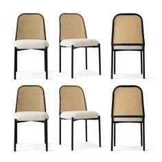 six chairs with woven back and seat cushions, all in different positions on a white background