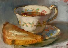 a painting of a cup and saucer with bread on a plate next to it