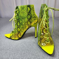 New Cape Robbin Translucent Neon Yellow Lime Snake Print Open Toe With Lace Up Front 4.25" (Approx) Stiletto Heel Cushioned Insoles Yellow High Heel Party Shoes, Yellow Round Toe Heels For Party, Summer Yellow Ankle-high Heels, Green Lace-up Heels In Synthetic Material, Green Lace-up Synthetic Heels, Yellow Lace-up Heels For Summer, Neon Yellow Fitted High Heels, Fitted Neon Yellow High Heels, Neon Yellow Party Heels