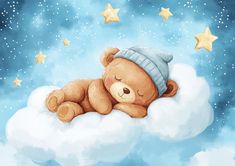 a brown teddy bear laying on top of a cloud with stars in the sky behind it