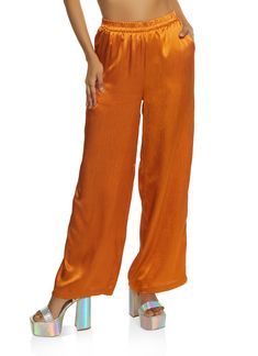 Palazzo Pants, Wide Leg, High Waisted, Solid, Satin, Item Number 1413056579027 Elegant High-waist Orange Bottoms, Elegant High Waist Orange Bottoms, Chic Orange Pants With Elastic Waistband, Orange Ankle-length Bottoms With Elastic Waistband, Orange Ankle-length Pants With Elastic Waistband, High-waisted Orange Pants With Elastic Waistband, High Waist Orange Pants With Elastic Waistband, Chic High-waisted Orange Pants, Orange High-waisted Pants With Elastic Waistband