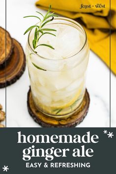 the homemade ginger ale recipe is ready to be served in a mason jar with rosemary garnish