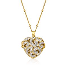 Ross-Simons - 18kt Gold Over Heart Locket Necklace, Diamond Accent. 18". Openwork swirls and a diamond accent decorate this sweet 18kt yellow gold over sterling silver heart locket necklace. For a special surprise, it opens to hold a 5/8" x 3/4" photo of your choice. Would make a lovely gift for a birthday, holiday or milestone. Suspends from a curb chain with a springring clasp. 18kt gold over sterling heart locket necklace. Diamond birthstones are the perfect gift for April birthdays. Silver Heart Locket, Necklace With Diamond, Diamond Birthstone, Locket Pendant Necklace, Heart Locket Necklace, Jewelry Essentials, Heart Locket, Small Heart, Sterling Silver Heart