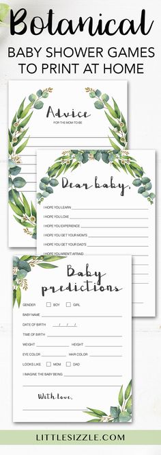 two baby shower games to print at home with eucalyptus leaves and greenery in the background