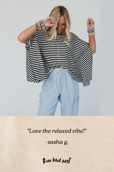 You'll feel laid back and cool all day long in the boho - chic French Riviera Striped Top, so effortless it's sure to be your new fav top to style from day to night! ! Comfortable tee shirt fabric with a cute striped design Loose and slouchy pullover top silhouette Classic round neckline and loose short sleeves with a contrast hem Boxy design that creates the ultimate boho slouchy style Back pointed panel for an added design element Pair with: Eye Of The Sun Padded Bralette, Sardinia Silky Tiere Comfortable Beach Tops For Spring, Comfortable Tops For Summer Day Out, Comfortable Summer Tops For A Day Out, Oversized Black Tops For Vacation, Flowy Short Sleeve Tops For Loungewear, Black Relaxed Tops For Spring, Oversized Batwing Sleeve Tops For Vacation, Relaxed Black Tops For Spring, Comfortable Relaxed Fit Tops For Vacation