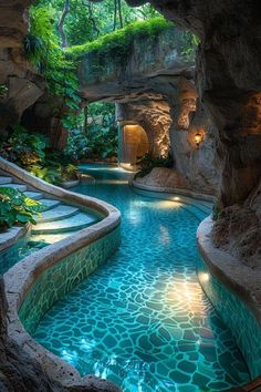 an indoor swimming pool in the middle of a cave with steps leading up to it