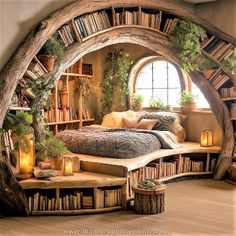 a bedroom with a bed made out of bookshelves and shelves filled with plants