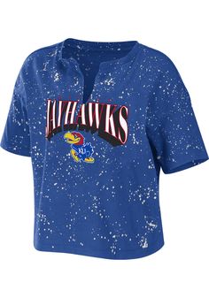 Let everyone know who you root for in this Kansas Jayhawks Blue Bleach Splatter Short Sleeve T-Shirt! This KU Jayhawks Short Sleeve Tee features a screen print team name and logo on center chest. Casual Relaxed Fit Tops With Paint Splatter, Casual Paint Splatter Top For Spring, Casual Spring Tops With Paint Splatter, Casual Distressed Top For Game Day, Casual Paint Splatter Tops Relaxed Fit, Relaxed Fit Cotton Top With Paint Splatter, Casual Paint Splatter Tops For Summer, Casual Short Sleeve Tops With Paint Splatter, Spring Short Sleeve Tops With Paint Splatter