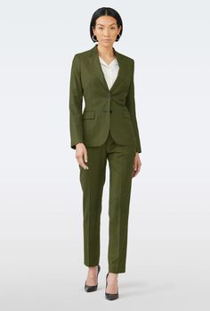 Take this suit anywhere, and we mean anywhere. Designed for those on-the-go, this fabric is made of a unique wool-spandex blend you can cycle to work in, and later, bust a move in. Professional Fitted Long Sleeve Pantsuit, Slim Fit Pantsuit With Notch Lapel For Office, Fitted Long Sleeve Pantsuit For Career, Fitted Green Wool Suit, Green Fitted Wool Suit, Green Wool Suit With Suit Collar, Fitted Wool Suit For Fall, Fitted Wool Suits For Fall, Professional Fitted Suit For Career