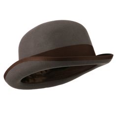 Men's Felt Bowler HatMade of 100% wool.Available sizes with elastic tie inside crown: M (57 cm), L (59 cm) and XL (61 cm).Inner satin hatband.Adult/Male.Crown measures 4 1/2 centimeters deep.Brim measures 2 inches long.Dry clean.Imported. Solid in color, bowler hat with attached different colored grosgrain hat band for gentlemen.Crown features oval round shaped top.Brim is accented with a ribbon trim and upturned all around.Our dressy style derby hat is great for any type of outdoor events, walk Wool Six-panel Winter Hat, Winter Wool Six-panel Hat, Solid Winter Six-panel Hats, Solid Color Six-panel Winter Hats, Gray Six-panel Winter Hat, Fitted Six-panel Winter Hat, Fitted Winter Six-panel Hats, Fitted Wide Brim Hat For Derby, Classic Fitted Six-panel Felt Hat