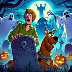 the scooby movie poster with a man and his dog standing in front of a grave