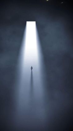 a person standing in the middle of a foggy sky with an open door to another world