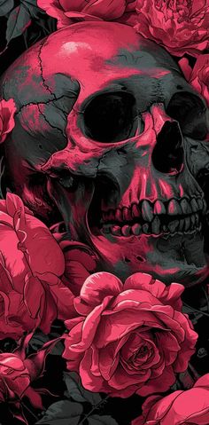 a skull and some roses on a black background with pink hues in the image