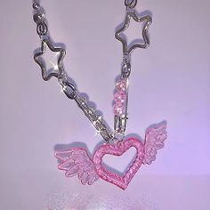 Pink Heart Necklace – Pastel Kitten Pink Heart Necklace, Catty Noir, Charm Choker Necklace, Heart Shaped Pendant Necklace, Y2k Jewelry, Heart With Wings, Handmade Heart, Wing Necklace, Heart Shape Pendant