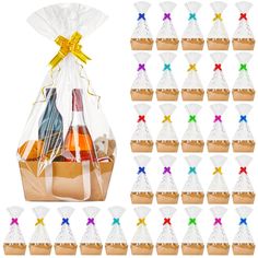 a bag filled with wine bottles next to many other bags full of champagne and chocolates