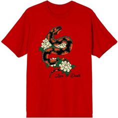 Show off your love of nature and your boho style with this awesome tee! This vibrant shirt showcases original artwork of a snake coiled around colorful flowers. This comfy shirt is made of premium cotton, and is professionally printed to ensure long-lasting color and print quality. It can be machine washed in cold water with like colors, and tumble dried on low for easy and convenient care. The Celestial Tropics Snake And Flowers Men’s Red T-Shirt makes a cool and comfortable addition to any nat Snake Print Shirt Outfit, Snake Shirt, Red Floral Print Retro Shirt, Bohemian Red Cotton T-shirt, Red Bohemian Cotton T-shirt, Snake Tshirt, Red Graphic Print T-shirt For Valentine's Day, Sleeve Packaging, Red T