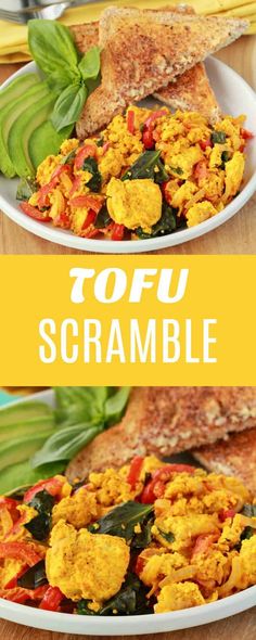 tofu scramble with spinach and tomatoes on a white plate next to a slice of bread