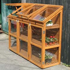 a small wooden greenhouse with plants growing inside