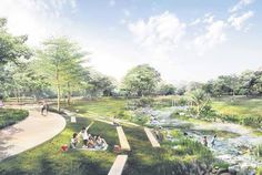 an artist's rendering of a park with people sitting and walking