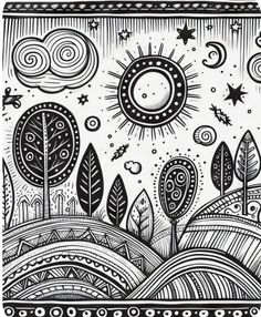 a black and white drawing of trees, stars, and the sun in the sky