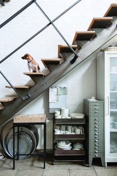 a dog sitting on top of a stair case next to a table with plates and bowls