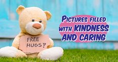 a teddy bear sitting in the grass holding a sign that says pictures filled with kindness and caring