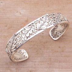 Leafy Sterling Silver Cuff Bracelet from Bali - Majestic Leaves | NOVICA Art Clay Silver, Angel Wings Jewelry, Wing Jewelry, Silver Feather, Sterling Silver Cuff Bracelet, Sterling Silver Cuff, Contemporary Jewellery, Silver Cuff Bracelet, Balinese