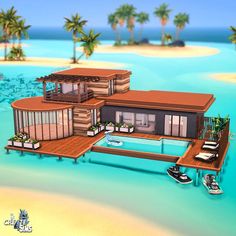 an artist's rendering of a house on the beach with boats and palm trees