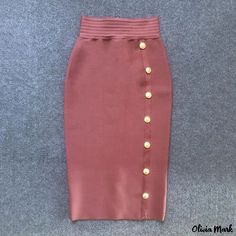 Olivia Mark - High-Waisted Pencil Skirt with Vertical Button Design, Slimming Effect, and Knee-Length, Enhancing Elegance and Accentuating Curves Fitted High Waist Skirt With Side Buttons, Fitted Knee-length Skirt With Side Buttons, Fitted Knee-length Bottoms With Buttons, Elegant Knee-length Bottoms With Buttons, Formal Fitted Bottoms With Gold Buttons, Elegant Party Bottoms With Buttons, Elegant High-waisted Pencil Skirt With Button Closure, Elegant High Waist Pencil Skirt With Buttons, Elegant Knee-length Bottoms With Button Closure