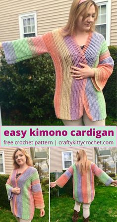 a woman wearing a colorful knitted cardigan with the words easy kimono cardigan